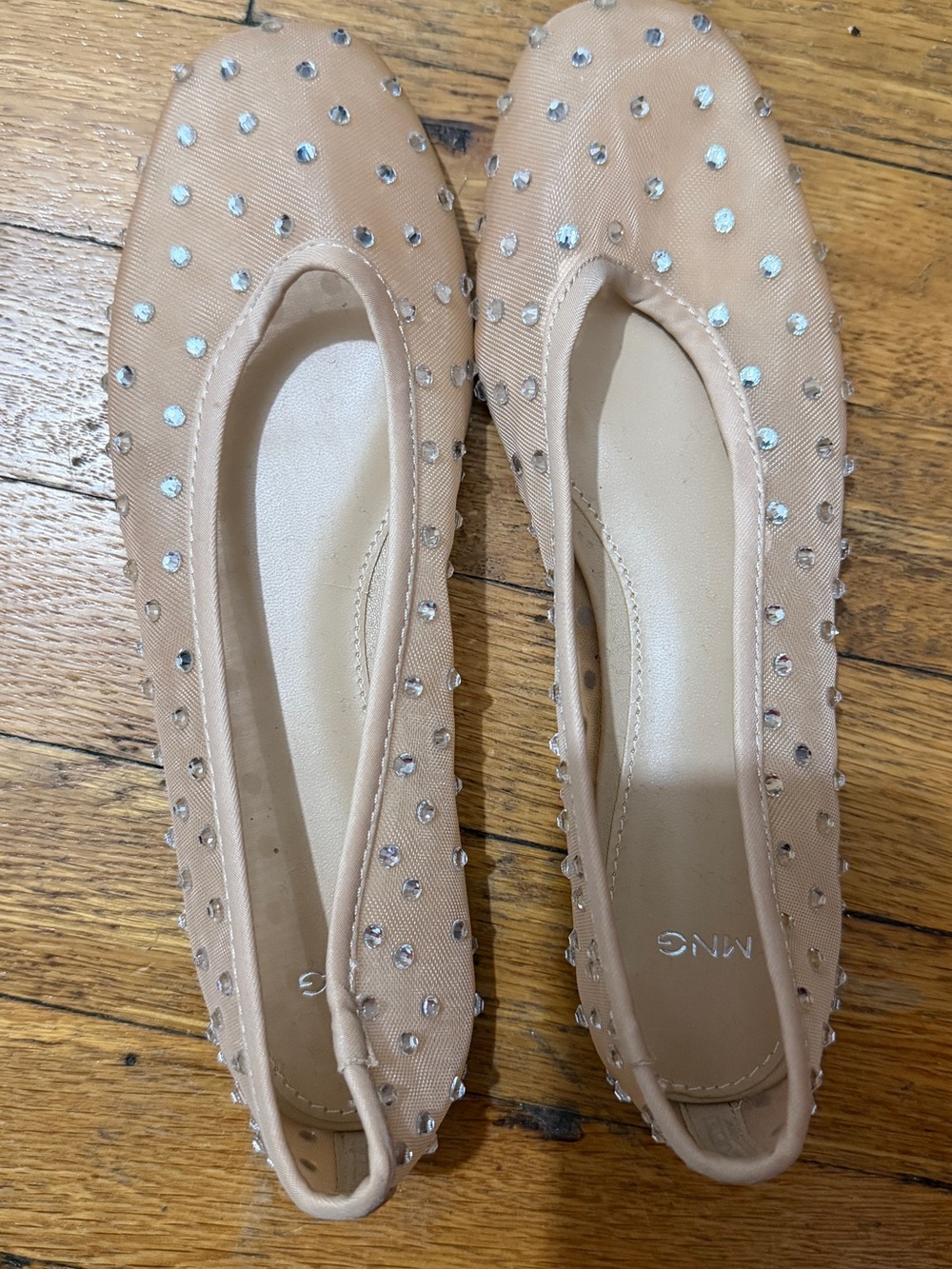 Mango Nude sheer Crystal-Stud Ballet Flats